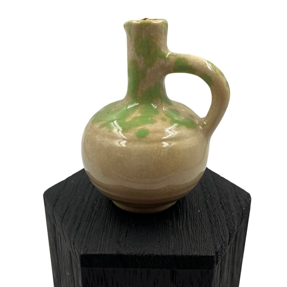 Antique Vtg Glazed Mini Pottery Ceramic Jug W Handle Broken Cork Stoneware Green